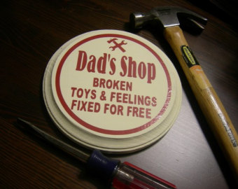 Image of Dad's Shop button - Broken Toys & Feelings Fixed for Free